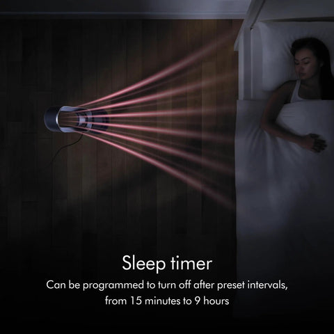 Hot And Cold Air Multiplier Space Heater And Fan With Jet Focus Technology in use near a sleeping person, illustrating quiet operation.
