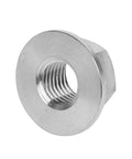 Close-up of Six Pack Titanium DIN 6923 Hex Flange Nuts Set, showing threaded interior, for machinery construction automotive repairs.