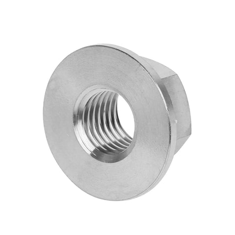Close-up of Six Pack Titanium DIN 6923 Hex Flange Nuts Set, showing threaded interior, for machinery construction automotive repairs.