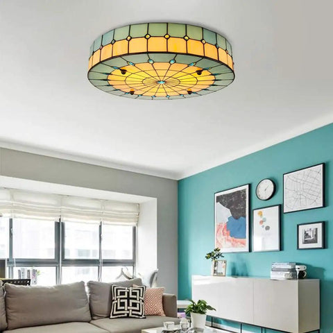 Living room with Blue Tiffany Style Mermaid Glass Ceiling Light Dope Vintage Flush Mount Chandelier, 15.7 Inch Stained Glass Shade.