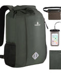 20L Waterproof Dry Bag Backpack With Roll Top Closure, Waist Pouch, Phone Case shown in green with accessories for outdoor adventures