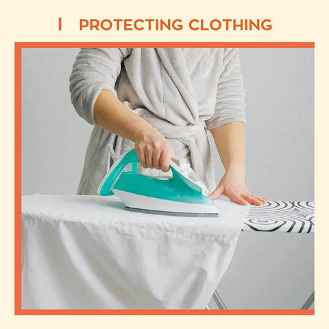 Person ironing with Nonstick PTFE Sheets For Heat Press 3 Pack 12 By 16 Inches Reusable Heat Resistant Mat on ironing board