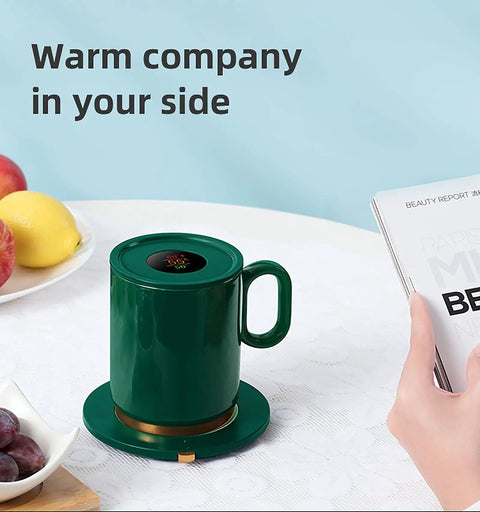 Smart Thermostatic Usb Coffee Mug Warmer Set To Keep Your Daily Brew Hot And Smooth Without Any Cold Cup Vibes Electric Heater Coaster For Home Office Desk with green mug on a table