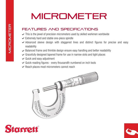 Beefed Up Outside Micrometer With One Piece Spindle And Tapered Frame For Narrow Slots Quick And Easy Adjustment 0 To 1 Inch Range