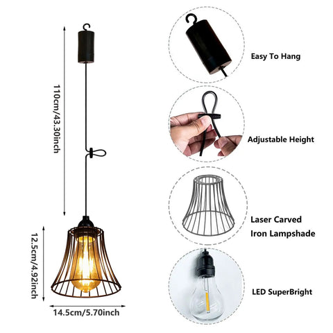 Three Pack Battery Operated Outdoor Chandelier Pendant Lights With Rustic Black Metal Bell Shade mounted with adjustable height.