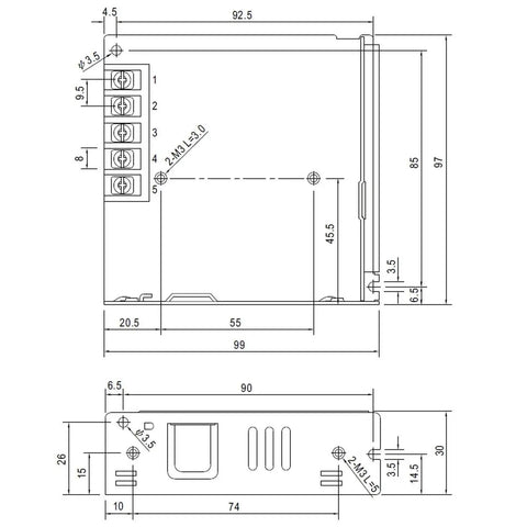 Dimensioned drawing of Slick Enclosed Switching Power Supply 24V 3.2A 76.8W LRS-75-24, 99 mm x 30 mm