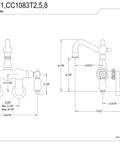 Technical drawing of Vintage Center Wall Mount Tub Faucet Brushed Nickel Finish With Adjustable Swing Arms for clawfoot tubs.