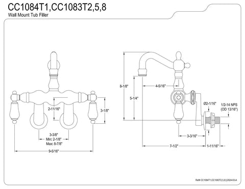 Technical drawing of Vintage Center Wall Mount Tub Faucet Brushed Nickel Finish With Adjustable Swing Arms for clawfoot tubs.