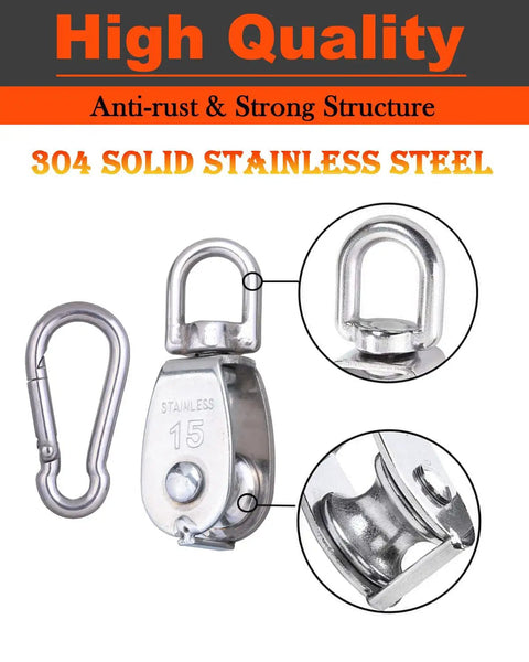 5 Pack M20 Stainless Steel Single Pulley Block Set 304 Grade Lifting Swivel Pulleys With 360 Degree Rotation For Hoisting Heavy Duty Wire Rope System Built To Last Rust Resistant Durable Crane Pulley, 304 stainless steel pulley with carabiner