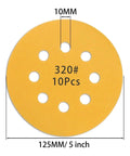 Get Your Hands On These Awesome 5 Inch Sanding Discs With 8 Holes For Perfect Dust Extraction And Smooth Surfacing Jobs Using 320 Grit Abrasive Paper Sheets For Fine Finishing And Heavy Duty Work Ready Projects. 5 inch yellow sanding disc with 8 holes and 10mm center hole.