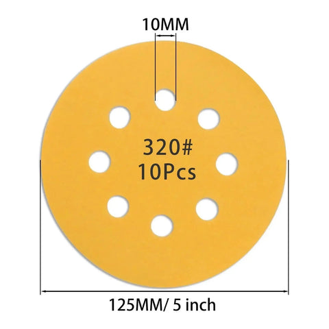 Get Your Hands On These Awesome 5 Inch Sanding Discs With 8 Holes For Perfect Dust Extraction And Smooth Surfacing Jobs Using 320 Grit Abrasive Paper Sheets For Fine Finishing And Heavy Duty Work Ready Projects. 5 inch yellow sanding disc with 8 holes and 10mm center hole.