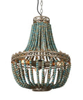 Three Light Wood Beaded Chandelier in Rustic Farmhouse Vibe with blue beads, Vintage Boho Pendant Light for Dining Room