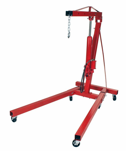 No Sweat Folding Air Hydraulic Engine Hoist Cherry Picker Shop Crane Heavy Duty Rig with solid steel casters and lift arm.
