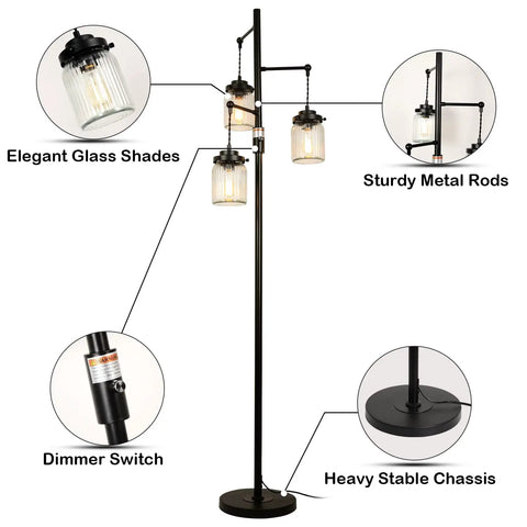 Industrial Farmhouse Floor Lamp With Three Glass Shades, Tall Standing Lamp With Dimmable Switch, Sturdy Black Base For Living Room Bedroom Office Home Decor, Modern Rustic Lighting That Hits