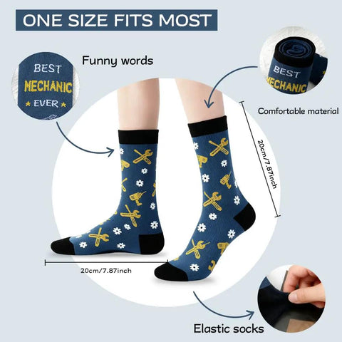 Mechanic Socks Gift Set For Men And Women with car tools pattern, elastic design, and 'Best Mechanic Ever' print, size 20cm.