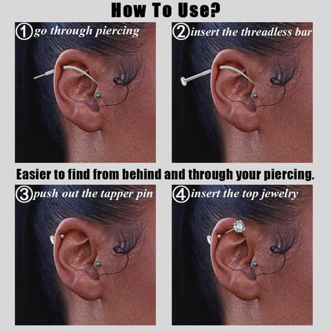 Curved Titanium Pro Grade Piercing Kit 20G 18G 16G 14G With Insertion Taper Pin For Threadless Tragus Helix Lip Nose Piercings usage steps
