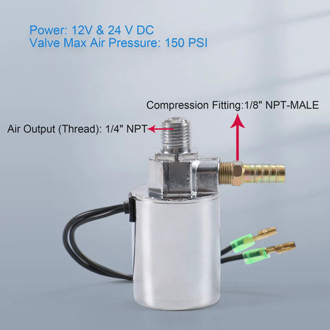 Heavy Duty 12V 24V Air Horn Solenoid Valve With Chrome Plated Metal Housing 1/4 Inch NPT 150 PSI Output For Trucks And Train Horn Systems