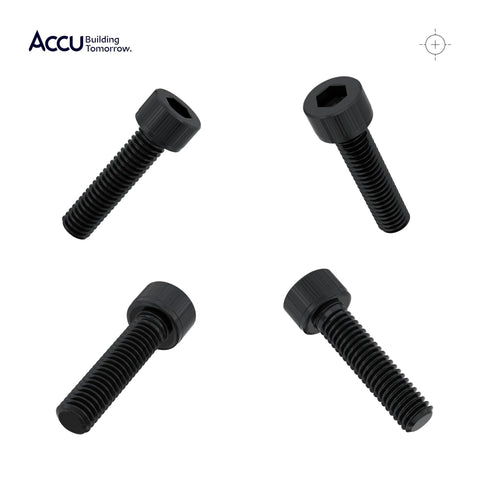 Four black M6 x 12mm DIN 912 cap-head screws with full threads and hex socket