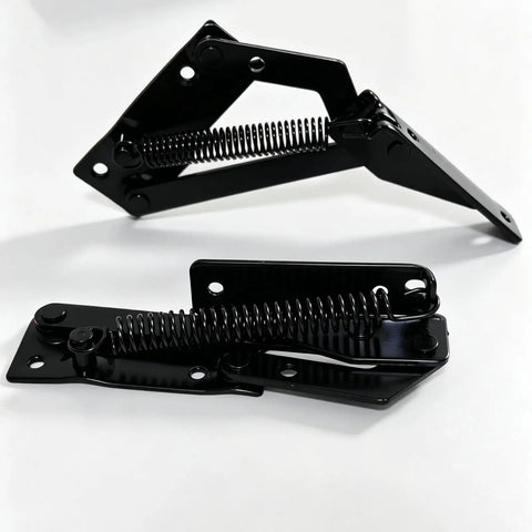 Heavy Lifter 90 Degree Bench Seat Hinge Pair Built Straight Up Tough For Toy Box Lid Support And Cabinet Doors Featuring Smooth Foldable Lifting Bracket Crafted From Cold Rolled Steel In Glossy Black, showing two black steel lift hinges.