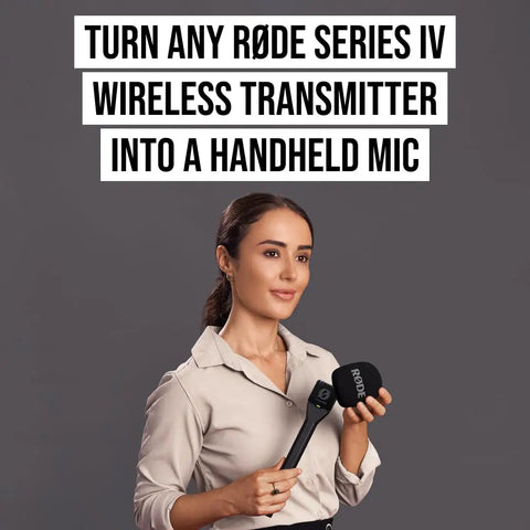 Person holding Interview GO Handheld Adaptor For Wireless ME GO And PRO Transmitters in a studio setting