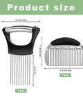 Front view of stainless steel onion holder with ergonomic black handle and multiple metal prongs for slicing
Close-up of the blade/comb section showing metal tines and black grip on the onion slicer