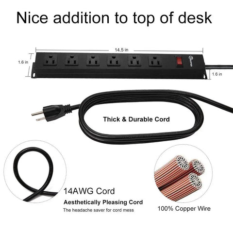 Beefy Aluminum Wall Mount Power Strip With Six Outlets And Long Ten Foot Cord, showing detailed power cable and copper wiring.
