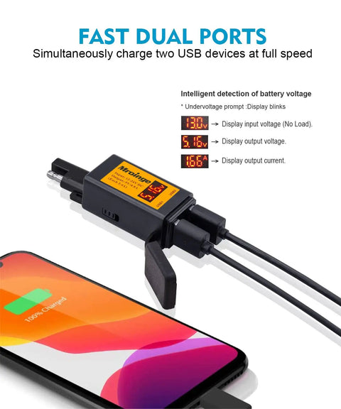Motorcycle USB Charger With Dual USB Ports 4.8 Amp Output SAE To USB Adapter With Built In Voltmeter And Ammeter Quick Disconnect Plug On Off Power Switch Perfect For Charging Smartphones GPS Action Cameras On The Road