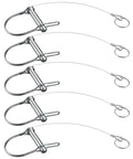 Five Piece Trailer Coupler Pins Set Five Sixteenths By One And Three Quarters Inch With Plastic Coating Tether And Quick Release Ring Zinc Plated Steel Shaft Tongue Pin For Secure Hitch And Loss Prevention displayed front view