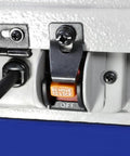Close-up of the switch panel of the Top Notch 4X6 Metal Cutting Bandsaw with power lock feature.