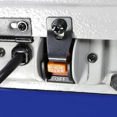 Close-up of the switch panel of the Top Notch 4X6 Metal Cutting Bandsaw with power lock feature.