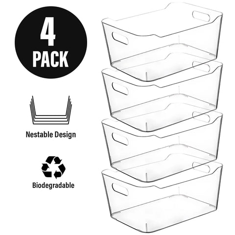 4 pack of premium clear plastic storage bins with a nestable design, ideal for pantry reset and organization.
