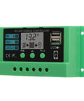 PWM Solar Charge Controller With Adjustable LCD Display For 12V 24V Systems, Durable Green Shell, Built To Last With Short Circuit Open Circuit Reverse Connection And Overload Protection, No Fuss Setup For Home And Small Business Use, 20A, front view