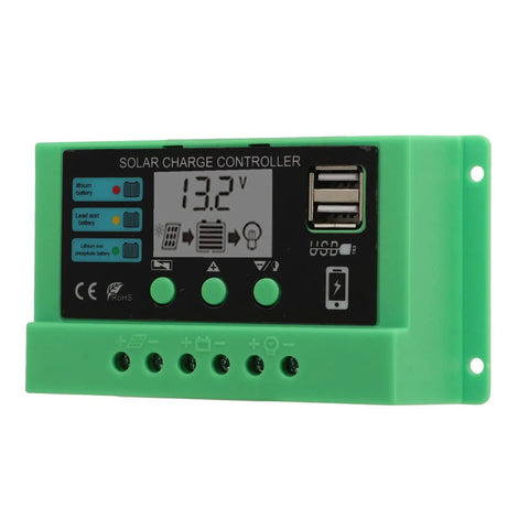 PWM Solar Charge Controller With Adjustable LCD Display For 12V 24V Systems, Durable Green Shell, Built To Last With Short Circuit Open Circuit Reverse Connection And Overload Protection, No Fuss Setup For Home And Small Business Use, 20A, front view