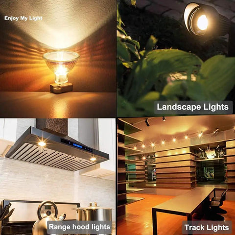 MR16 Halogen Bulbs 50W 3 Pack Dimmable GU5 3 12V Warm White 2800K shown in home and outdoor lighting settings