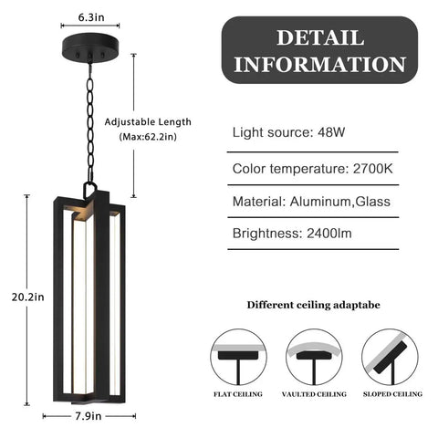 Heavy Duty Black Aluminum Led Outdoor Pendant Light 20 Inch Linear Chandelier specifications and adjustable length details.