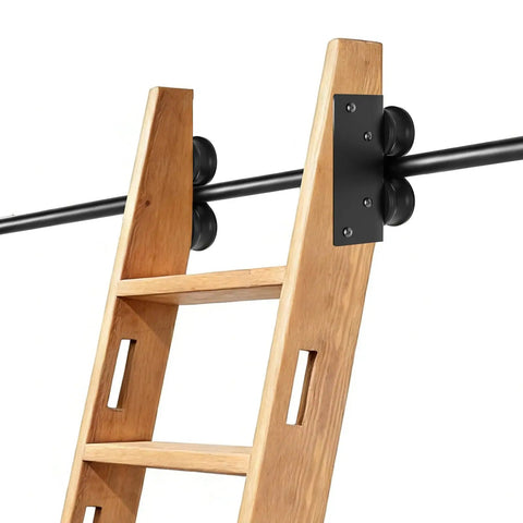 20 Ft Sliding Library Ladder Hardware Kit With Rock Solid Carbon Steel Track and Smooth Braking Casters, wooden ladder with black track connection.