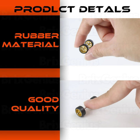 Hand holding One Sixty Fourth Scale Diecast Wheels And Tires Set For Ten Cars Mixed Random Real Riders Rims for customizing.