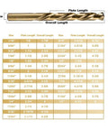 Cobalt Drill Bit Set 29 Piece M35 High Speed Steel Twist Jobber Bits Heavy Duty chart showing sizes, flute length, and overall length.