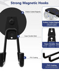 Three Pack Heavy Duty Magnetic Hooks For Garage And Workshop, Large Strong Magnetic Tool Hangers To Organize And Hang Toolbox, Hammer, Drills And More, 3.46 Inch Black, diagram showing rubber coating, steel construction, and PVC coating features.