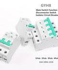Hard Core Din Rail 2 Pole Main Switch Disconnector Isolator Circuit Breaker 400VAC Double Pole GYH8 Series switches on display.