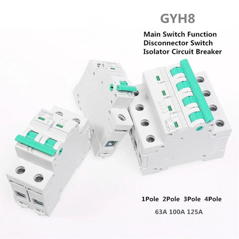 Hard Core Din Rail 2 Pole Main Switch Disconnector Isolator Circuit Breaker 400VAC Double Pole GYH8 Series switches on display.