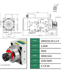 Diagram and specifications of Beefy 2200W High Speed CNC Spindle Motor 3000RPM ER32 for milling machine with dual voltage 220V/380V.