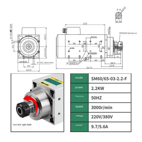 Diagram and specifications of Beefy 2200W High Speed CNC Spindle Motor 3000RPM ER32 for milling machine with dual voltage 220V/380V.