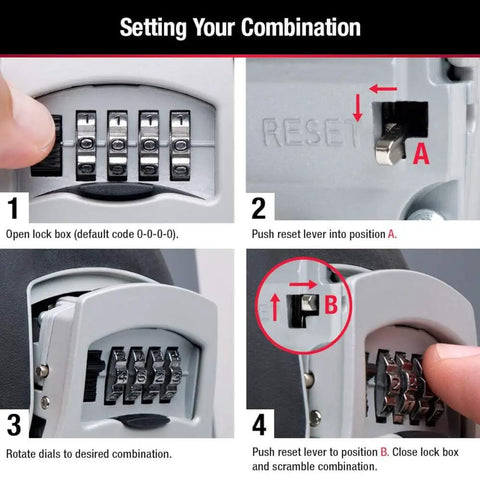 Instructions for setting combination on set your own four digit combo wall mount key lock box with five key capacity