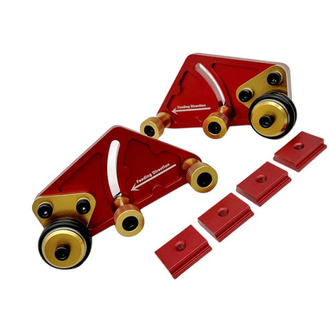 Adjustable Roller Featherboard for Table Saw Feeder with polyurethane wheels and red aluminum base, ensuring stable cuts.
