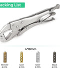 Aglet Crimping Tool For Shoelaces Metal Lace Tips Replacement Kit Shoe Lace End Repair Tool DIY Lace Upgrade Durable Iron Construction With Vice Grip For Easy Metal Aglets Installation On Sneakers shown with 32 aglets in four colors