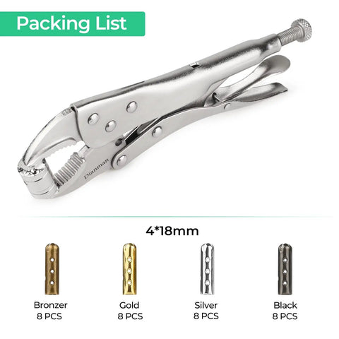 Aglet Crimping Tool For Shoelaces Metal Lace Tips Replacement Kit Shoe Lace End Repair Tool DIY Lace Upgrade Durable Iron Construction With Vice Grip For Easy Metal Aglets Installation On Sneakers shown with 32 aglets in four colors