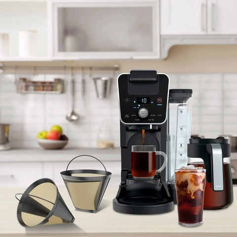 Permanent Reusable Cone Shape Metal Coffee Filter Fits Ninja CFP301 CFP201 Coffee Makers displayed with kitchen setup