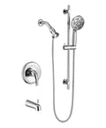 Five Spray Modes Rain Shower Head System with Single Handle Tub and Shower Trim Kit, adjustable slide bar, chrome finish, shown.