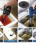 Using Rechargeable High Pressure Air Plunger For Clogged Toilets, Sinks, Shower Drains With PSI Gauge And 4 Plugs, Before and After
